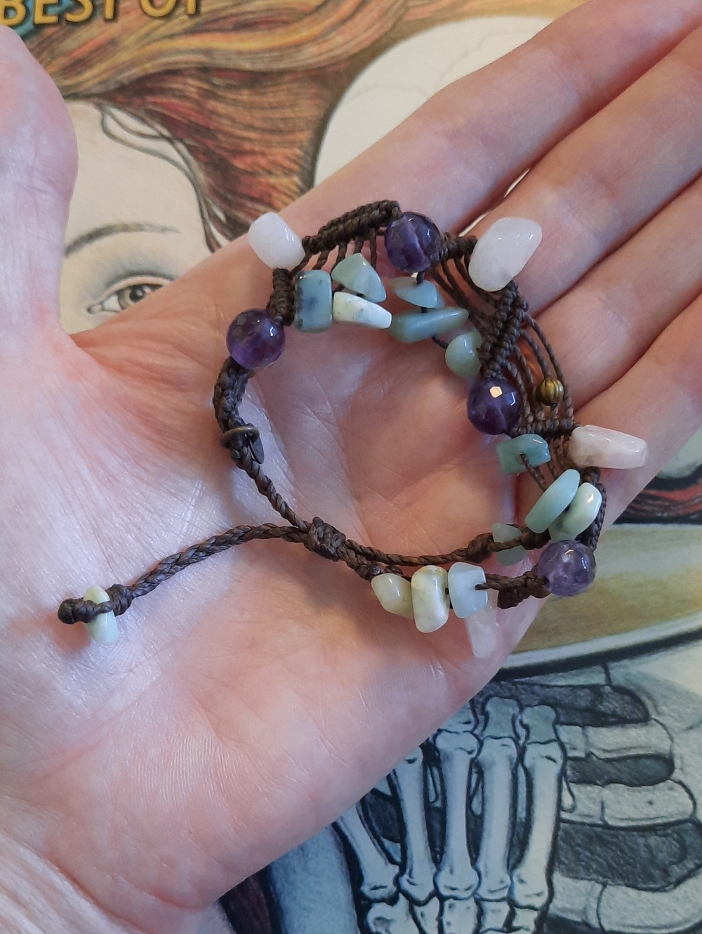 Handmade Multistone Beaded Macramé Bracelet - Green, Purple, Pink